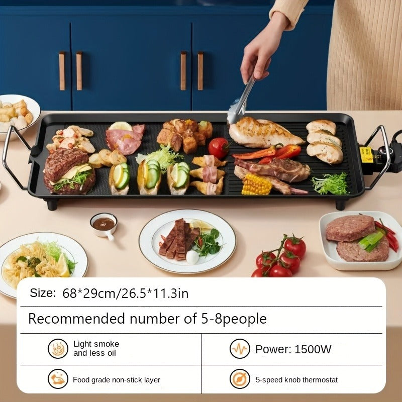 Electric Griddle 1500W Non-Stick Oblong Baking Pan 5-Speed Temperature Control Smokeless Indoor Grill for Eggs Vegetables BBQ Black
