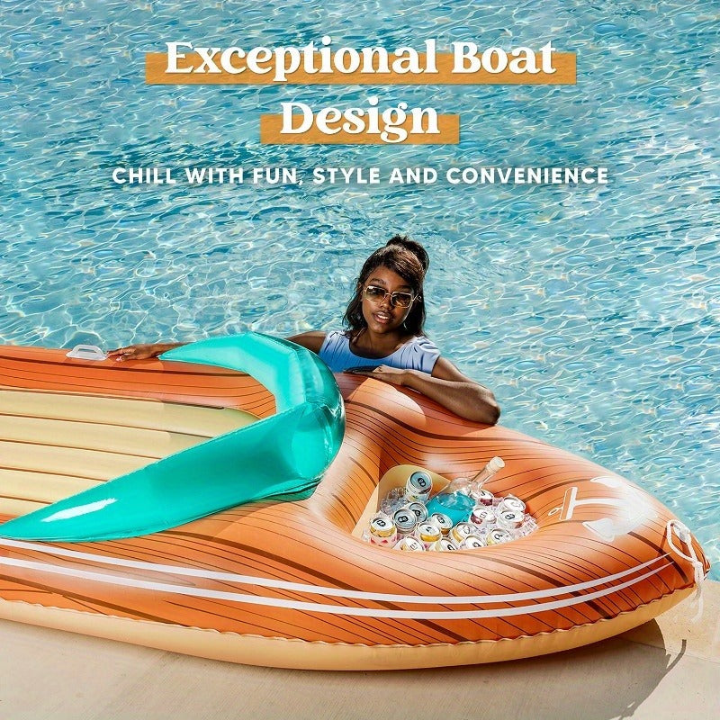 Pool Float Boat-Shaped Two-Person Raft, Over Eight Feet with Built-In Cooler, Two Handles and Tow Point