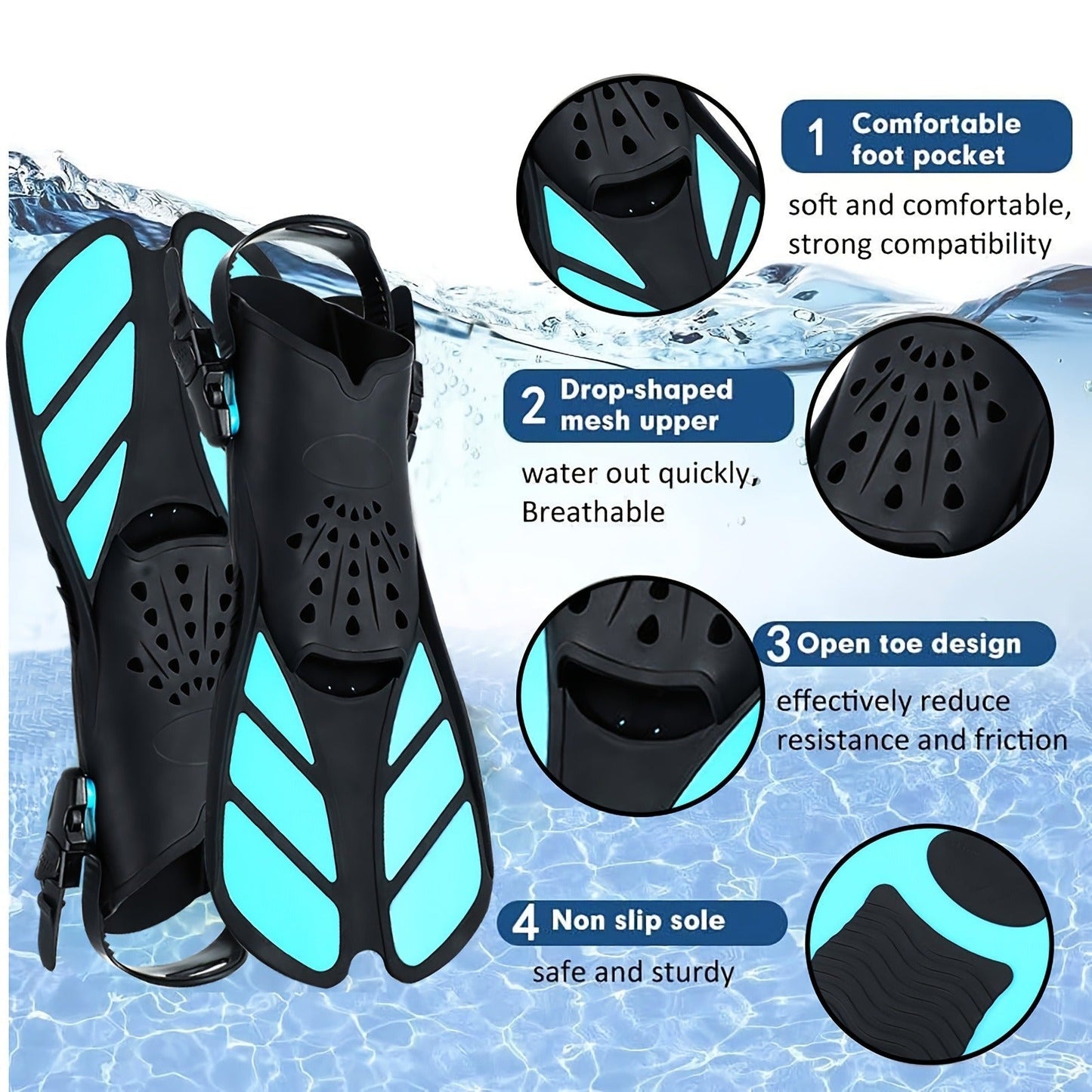 Adjustable Snorkel Diving Fins with Anti-Slip Lace-Up Design – Lightweight PP/TPR Open Heel Fins for Snorkeling Freediving Scuba Diving