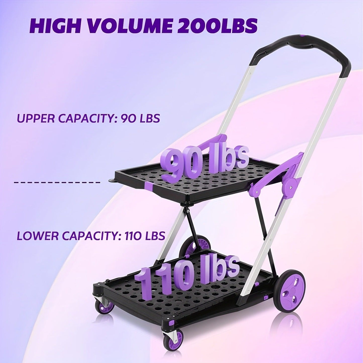 Collapsible Utility Cart Foldable Shopping Trolley 4-Wheel 360° Swivel Locking Brake Portable Dolly for Grocery Mall Camping Pink Purple