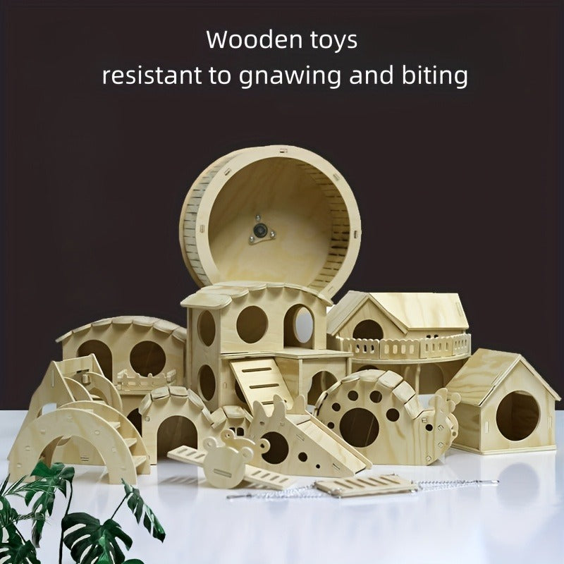 Hamster Cage Accessories 6-Piece Wooden Set – Running Wheel, Villa House, Swing, Nesting House for Hamsters Guinea Pigs Gerbils