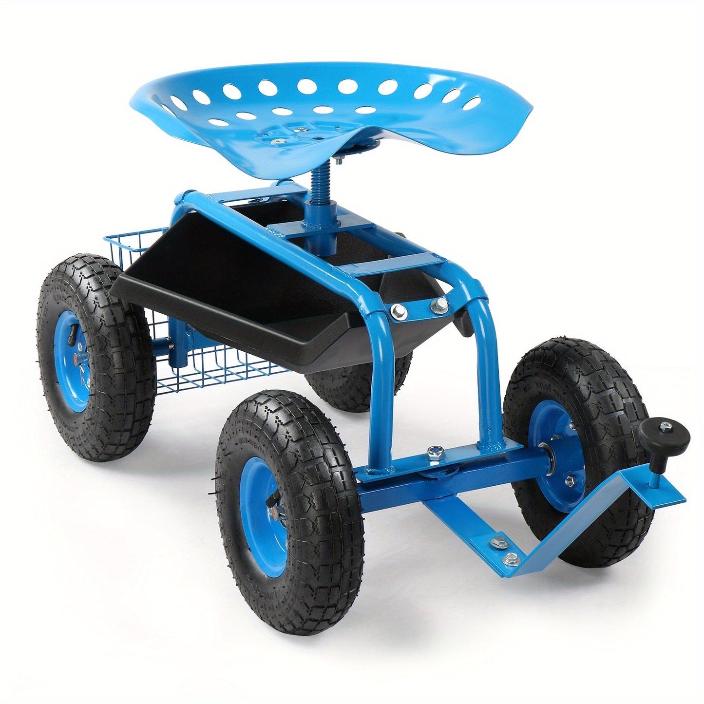 Rolling Garden Seat Cart, Backrest, Cushion, Telescopic Handle & Storage Basket, Steel Frame