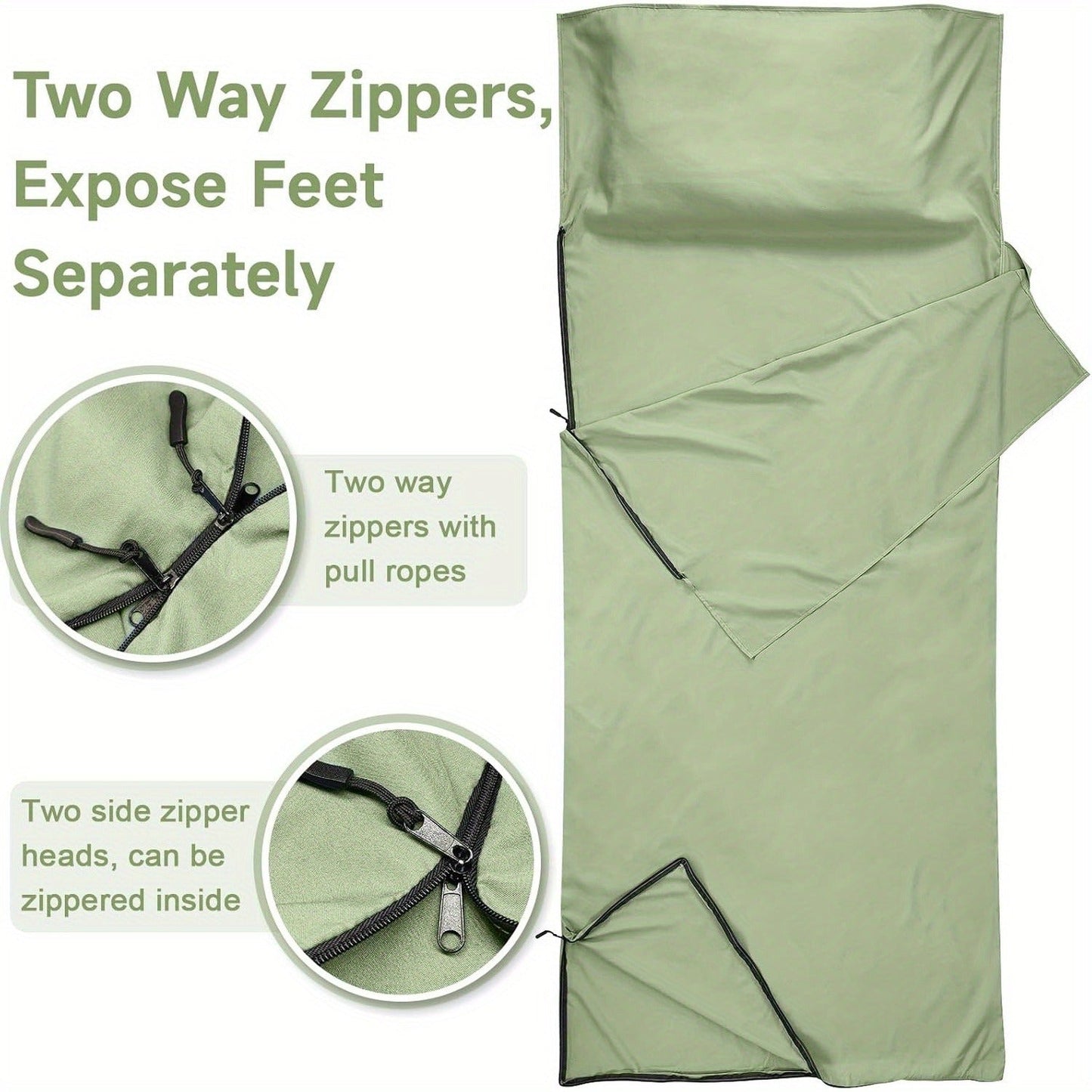 Sleeping Bag Liner for Adults – Two-Way Zipper Sleep Sack with Foot Exposure, Lightweight Portable Travel Sheet for Camping, Hiking