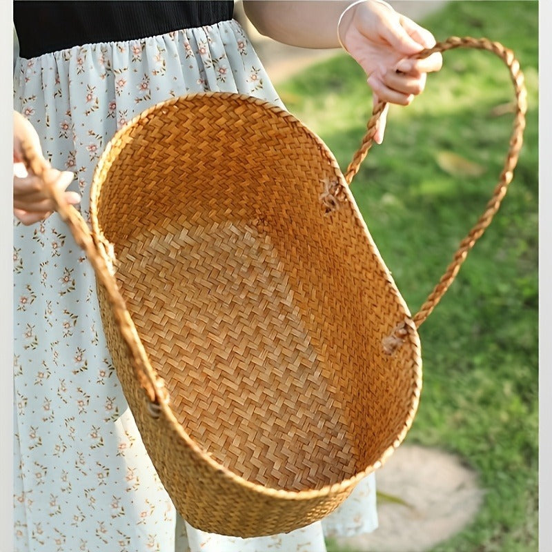 Large Woven Straw Picnic Tote Basket with Long Handles, Open Top Natural-Color Outdoor Carry Design