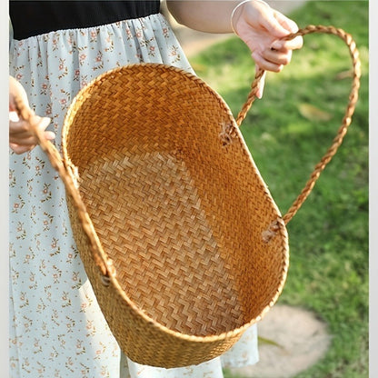 Large Woven Straw Picnic Tote Basket with Long Handles, Open Top Natural-Color Outdoor Carry Design