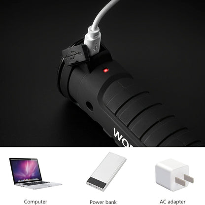 Foldable Black and Khaki Work Light Multipacks with Pivoting COB Bar and Pictured Charging Cables