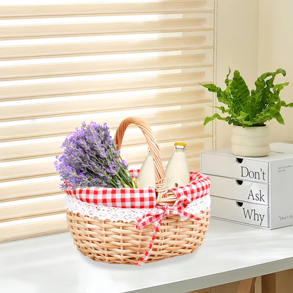Large Wicker Picnic Basket with Split Lid, Central Carry Handle and Red Checkered Textile Lining