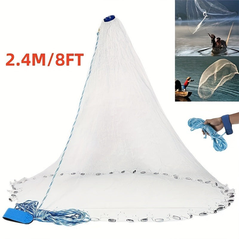 Throw Cast Net 8FT 10FT Transparent Thread Nylon Mesh 3/8in, Galvanized Zinc Sinkers 26ft PE Braid Hand Line No-Ring Design for Shrimp Bait