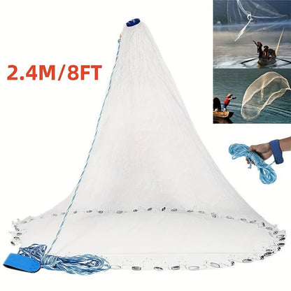 Throw Cast Net 8FT 10FT Transparent Thread Nylon Mesh 3/8in, Galvanized Zinc Sinkers 26ft PE Braid Hand Line No-Ring Design for Shrimp Bait