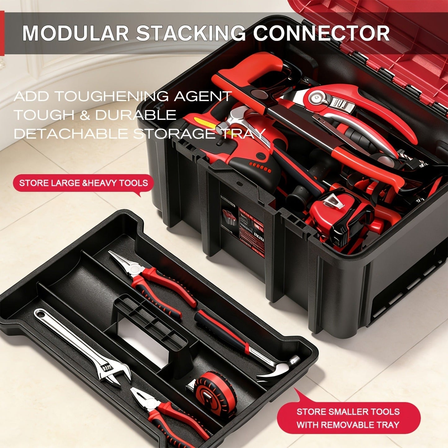 Rolling Tool Box with Wheels 3-Tier Stackable Organizer | Lockable Compartments, Connected Storage, 17" Large Plastic Toolbox for Garage