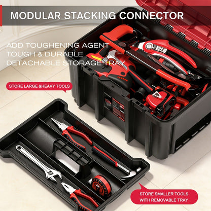 Rolling Tool Box with Wheels 3-Tier Stackable Organizer | Lockable Compartments, Connected Storage, 17" Large Plastic Toolbox for Garage