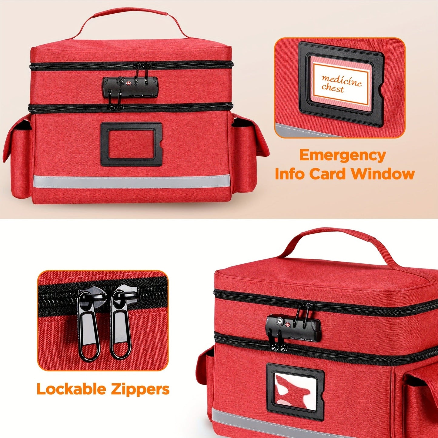 Lockable Medicine Organizer Bag with Combination Lock, Double-Layer Large Capacity Pill Bottle Storage Case for Prescription Bottles First