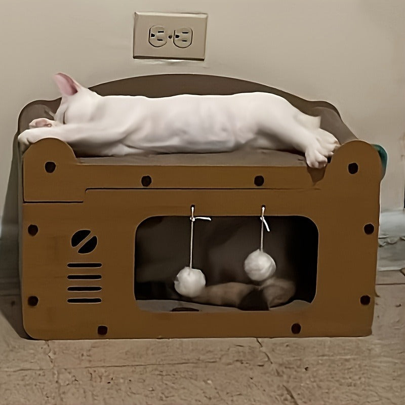 Large Cat House with Scratcher Pad & Plush Ball Toys, Ventilated Multi-Functional Indoor Outdoor Cat Shelter