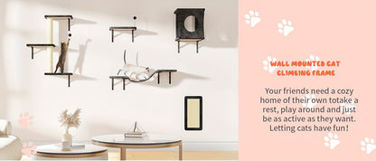 Cat Wall Shelves 5-Piece Set – Wall-Mounted Cat Furniture with Floating Perch, Cat Climber, Bridge & Cat Bed