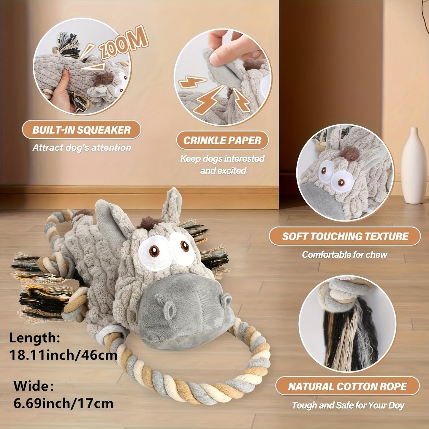 Dog Chew Toy Donkey Plush Squeaky Stretch Toy for Dogs – Durable Soft Stuffed Animal Chew Toy for Small Medium Large Dogs