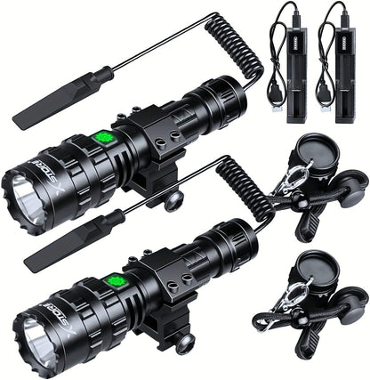 Picatinny Rail Flashlight 2 Pack – High Lumen Tactical Torch, 5 Modes, USB Rechargeable, 20mm Rail Mount, Wrist Strap & Remote Switch