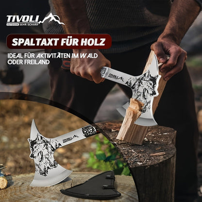 Viking Hatchet High Carbon Steel – Full Tang Camping Axe with Nylon Sheath & Gift Box | Animal Carved Handle for Wood Splitting