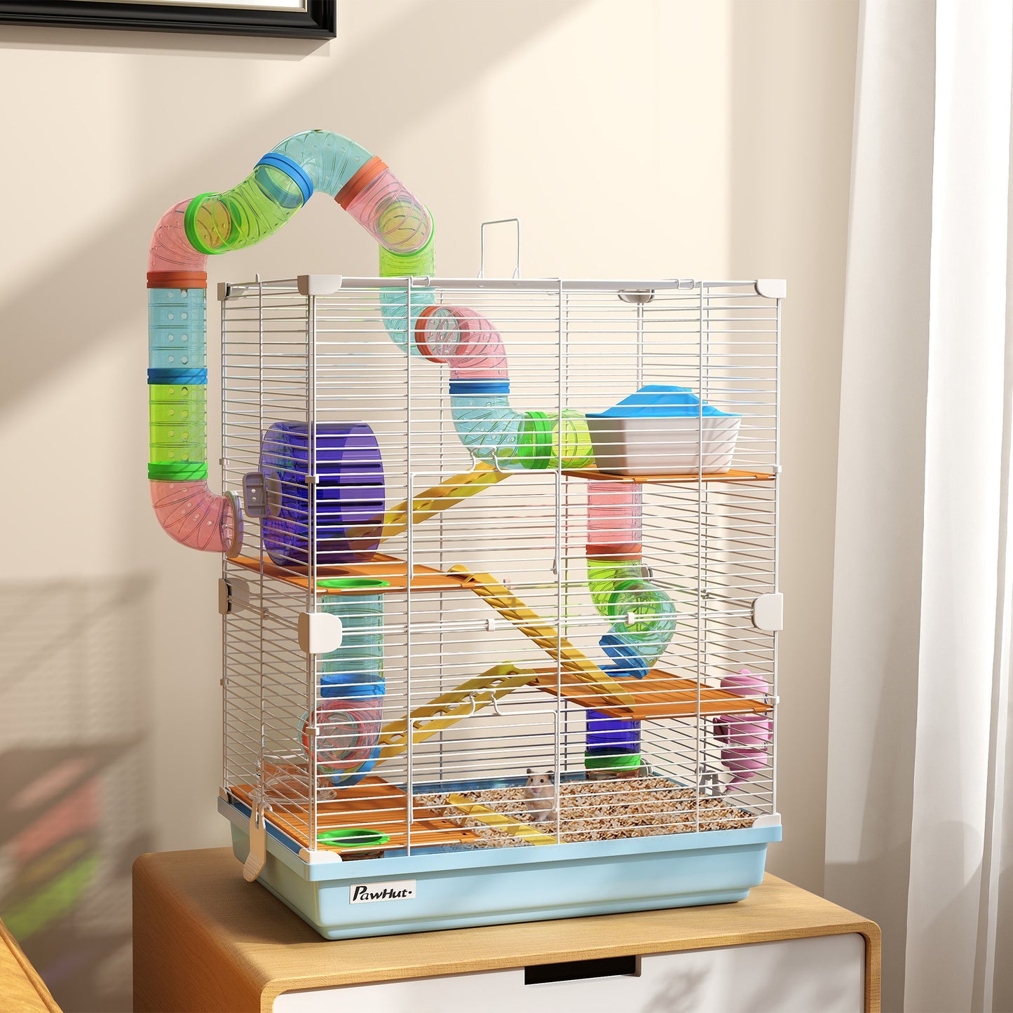 Hamster Cage 5 Tier Portable Small Animal Travel Carrier with Exercise Wheel Tubes Habitat Enclosure for Hamsters Gerbils Mice, Light Blue