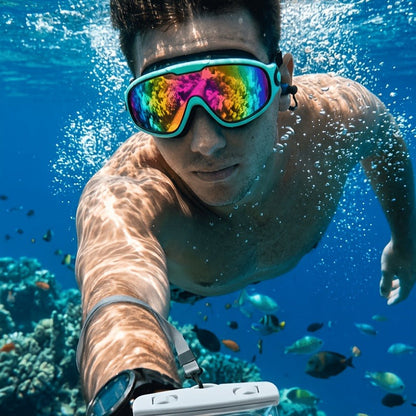 Two-Pack Wide-Lens Swim Goggles with Mirrored Blue-Green Lenses, Adjustable Straps, Case and Accessories