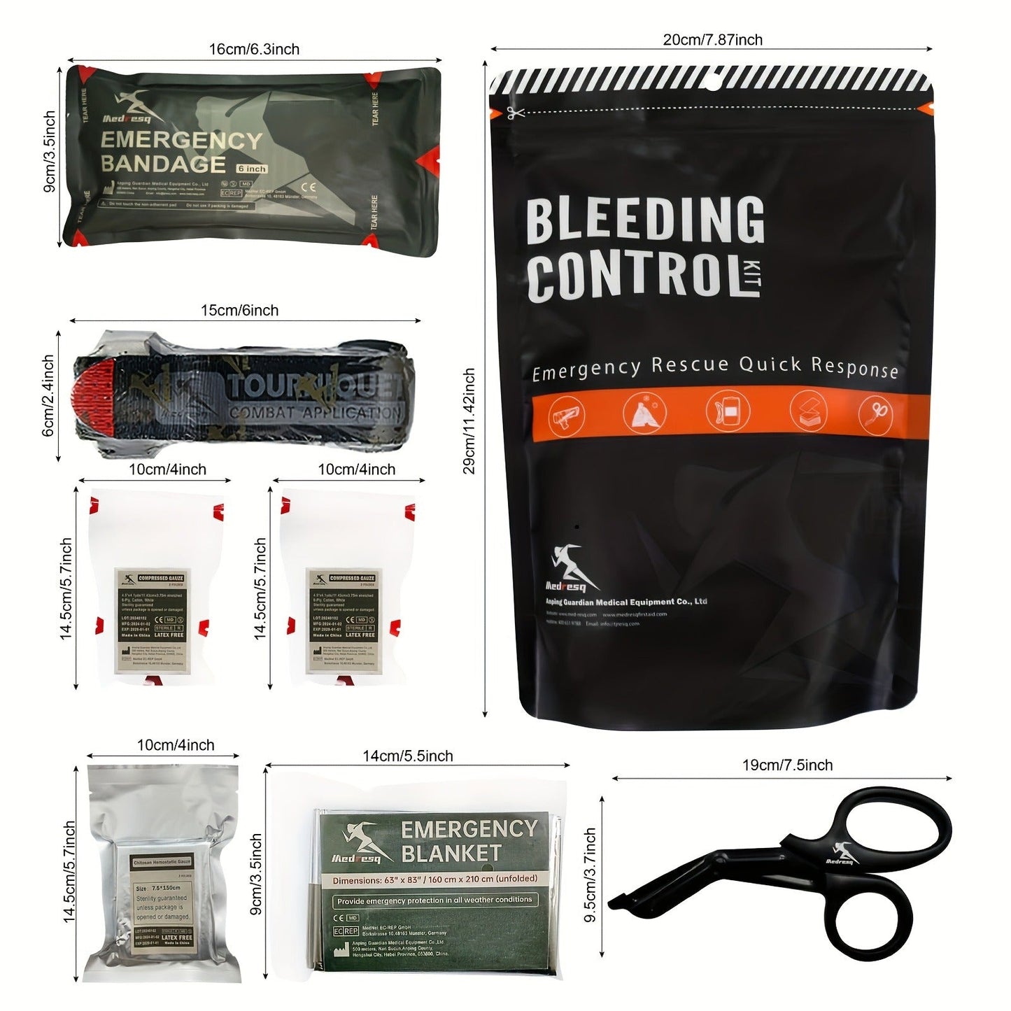 Six-Item IFAK First Aid Kit with Black Carry Pouch, Strap, Blanket, Shears, Gauze and Bandage Packets