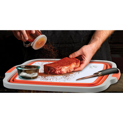 Collapsible BBQ Prep Caddy with Cutting Board & Lid – 3-in-1 Foldable Grill Preparation Tub, Food-Safe Plastic