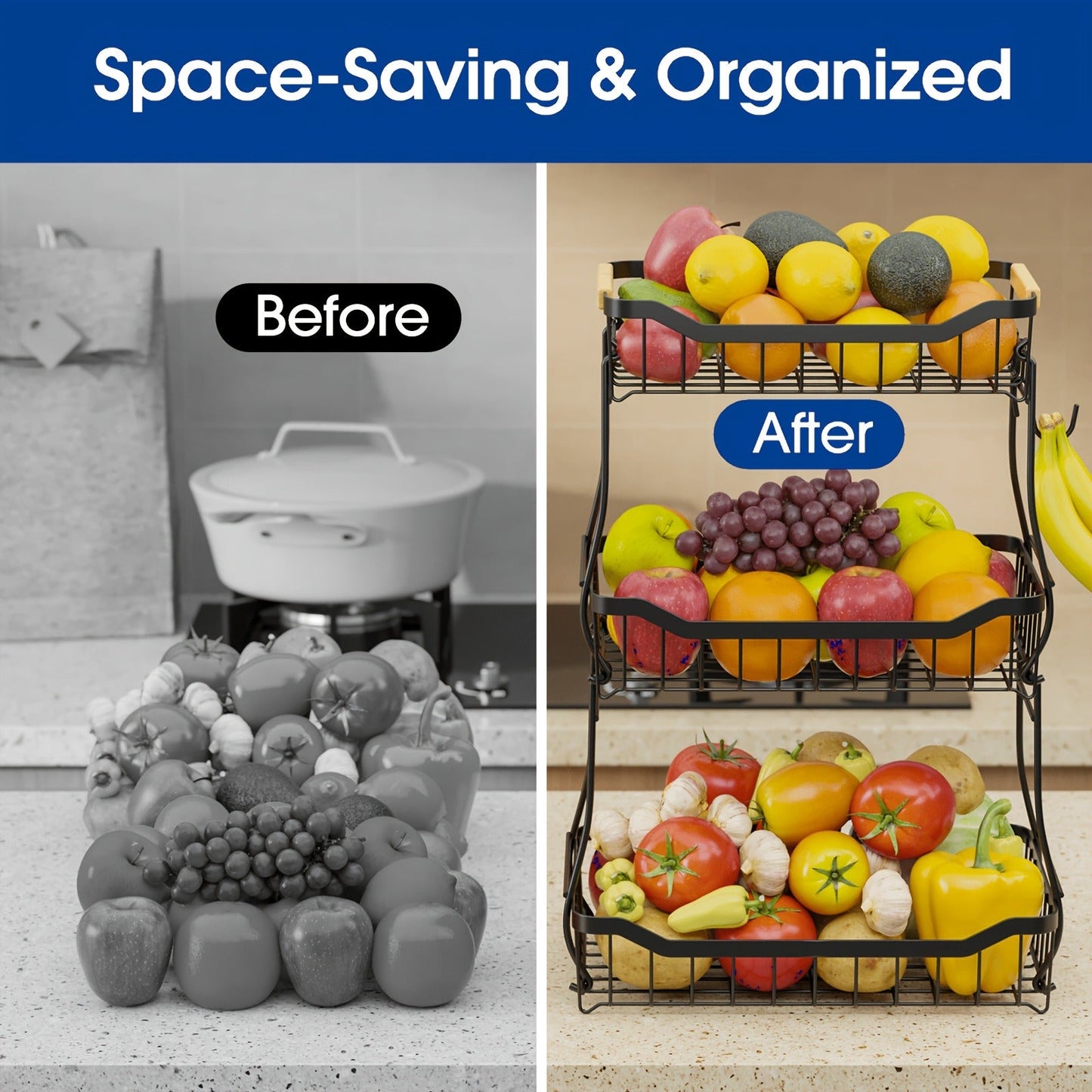 Tiered Fruit Basket Kitchen Organizer with Banana Hook, Removable 2 or 3 Metal Baskets and Wood Handle
