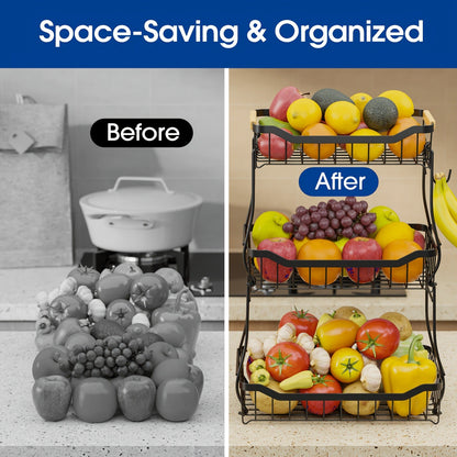 Tiered Fruit Basket Kitchen Organizer with Banana Hook, Removable 2 or 3 Metal Baskets and Wood Handle