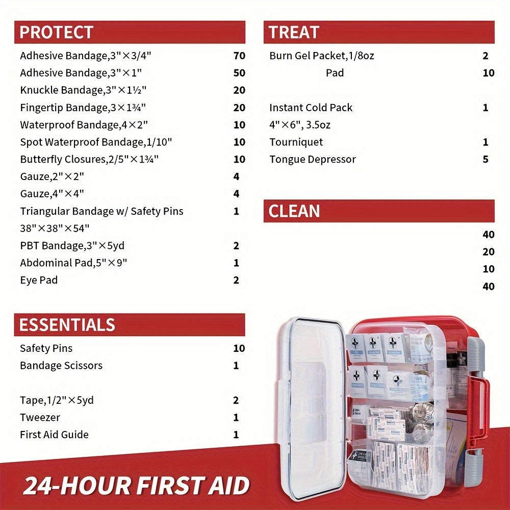 350-Piece First Aid Supply Kit in Clear Double-Layer Hard Case with Red Handle and Tilting Trays