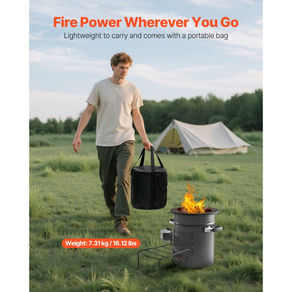 Wood Burning Rocket Stove Portable Camping Stove with Cast Iron Top, Double Door, Fireproof Lining