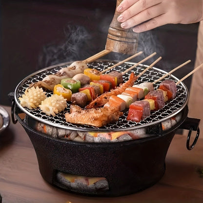10.6-Inch Round Charcoal Grill Set with Cast-Iron Body, Cooking Grid, Wooden Base and Tongs