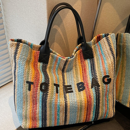 Straw Tote Bag for Women Large Capacity Bohemian Hand-Woven Striped Beach Bag Summer Vacation Shoulder Bag Colorful Letter Pattern