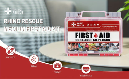 RHINO RESCUE 266-Piece First Aid Kit with Clear Handled Hard Case, Divided Trays and Packed Supplies