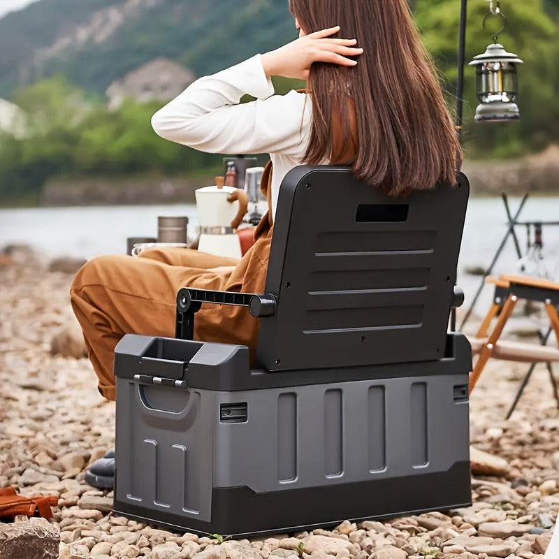 Folding Storage Box & Fishing Stool 2-in-1, Large Portable Organizer with Backrest for Car Trunk
