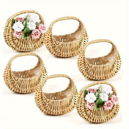 Wicker Basket Set Half Moon Shape with Handle – Small Rattan Baskets 3/5/6 Pcs for Wedding Flower, Home Decor, Garden Storage & Picnic