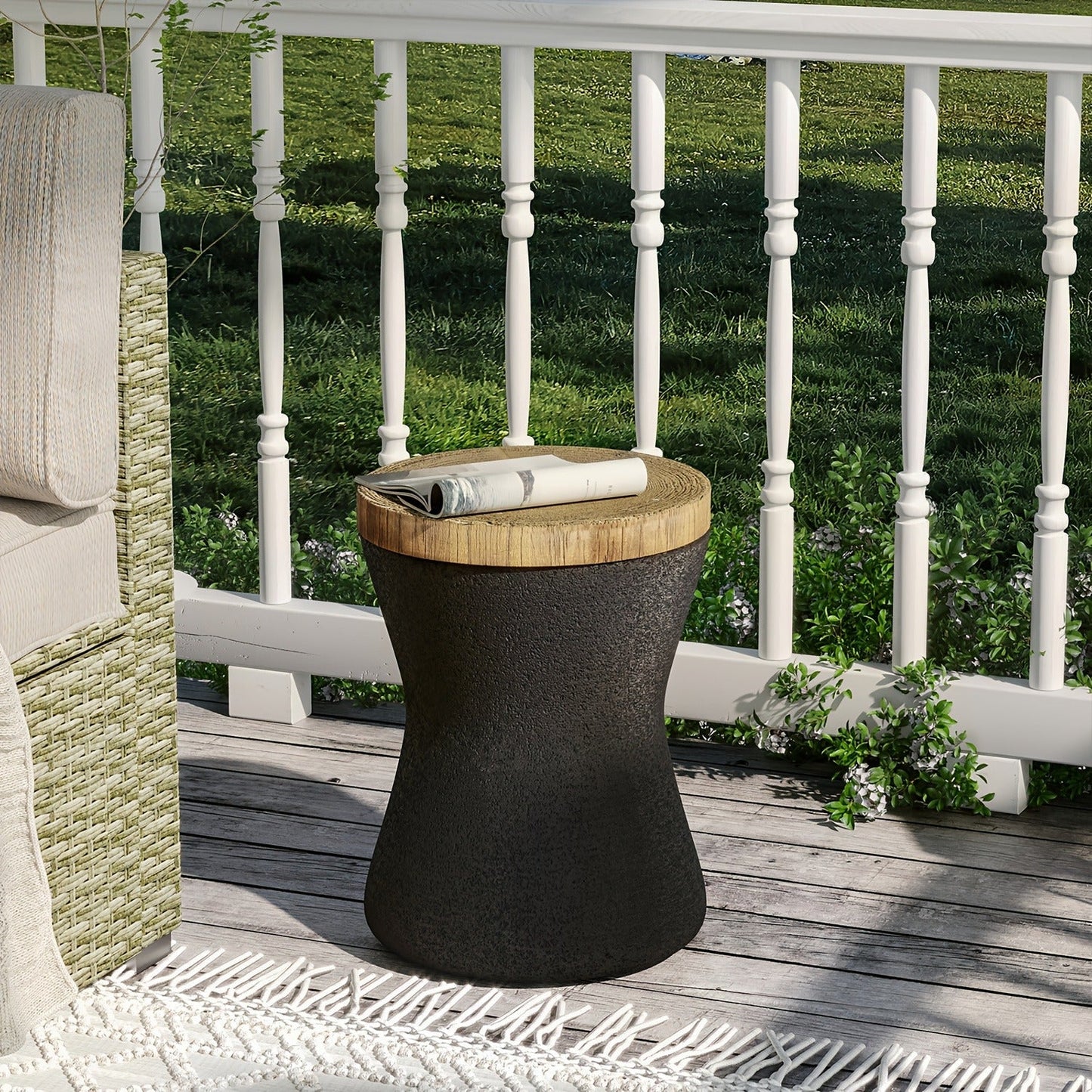 Outdoor Side Table 17-Inch Concrete Design with Wood-Look Top in Black, Hourglass and Compact Options