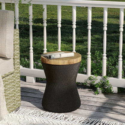 Outdoor Side Table 17-Inch Concrete Design with Wood-Look Top in Black, Hourglass and Compact Options