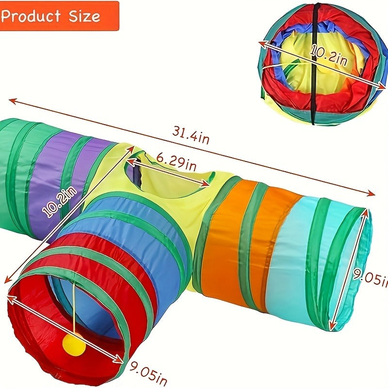 Collapsible Cat Tunnel Toy – Foldable S-Shaped & 3-Way Tube with Ball & Peek Holes, Rainbow Colors, Connectable Cat Play Tunnel for Indoor