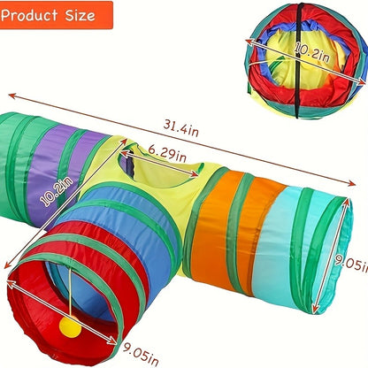 Collapsible Cat Tunnel Toy – Foldable S-Shaped & 3-Way Tube with Ball & Peek Holes, Rainbow Colors, Connectable Cat Play Tunnel for Indoor