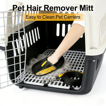 Reusable Fabric Pet Hair Removal Mitt Set with Four Black Mitts and Yellow Hand Straps for Upholstery