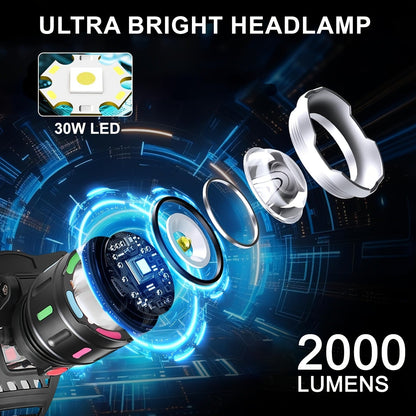 2000LM-Labeled Rechargeable Zoom Headlamp with Four Modes, 400m Beam Label, Rear Red Lamp and 90° Tilt