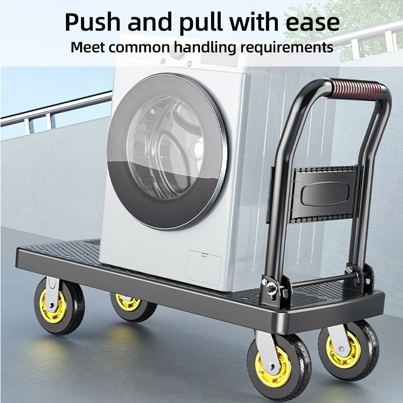 Four-Wheel Platform Dolly Cart with Folding Handle, Two Platform Sizes and 660 or 800 lb Load Labels