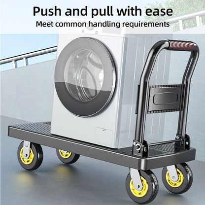Four-Wheel Platform Dolly Cart with Folding Handle, Two Platform Sizes and 660 or 800 lb Load Labels