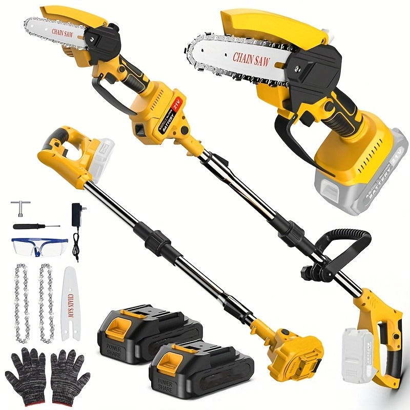 Cordless 4- and 6-Inch Pole Saw with Three Extension Sections, 90° Head, Two Batteries and Two Colors