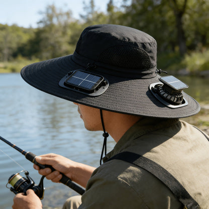 Solar Powered Dual Fan Sun Hat with USB Charging – Adjustable Strap, Breathable Mesh Design, High Airflow, Long Battery Life