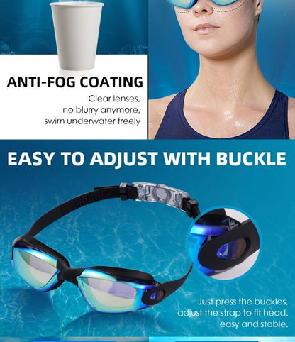 Two-Pack Mirrored Swim Goggles with Adjustable Split Straps and Black-White or Red-Blue Color Sets