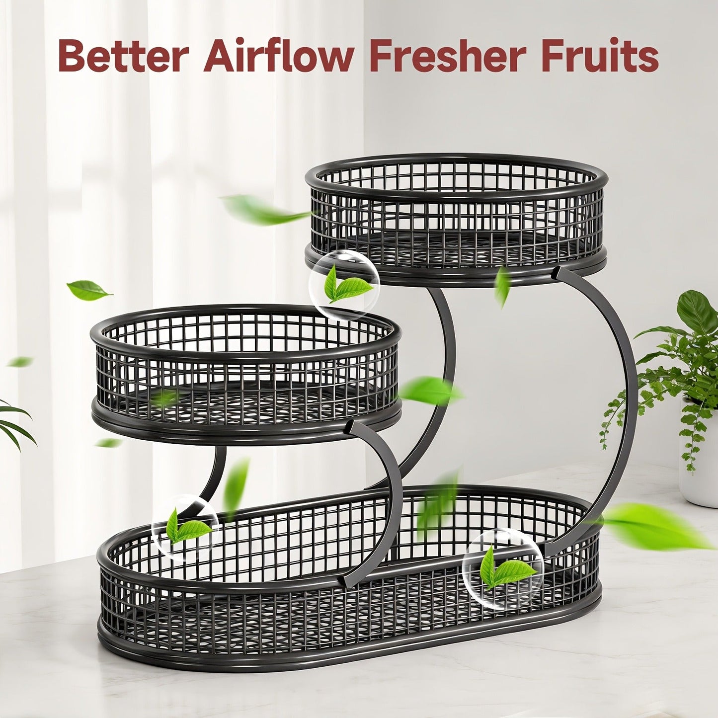 Three-Level Black Wire Fruit Basket with Two Round Bowls and 15.75-Inch Rectangular Base Tray