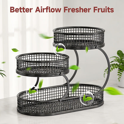 Three-Level Black Wire Fruit Basket with Two Round Bowls and 15.75-Inch Rectangular Base Tray