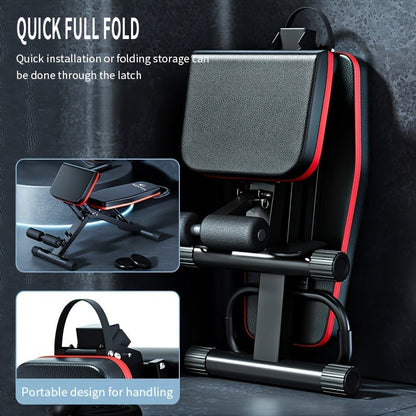 Foldable Adjustable Workout Bench with Black-and-Red Padding, Preacher Curl Pad, Leg Rollers and Resistance Bands