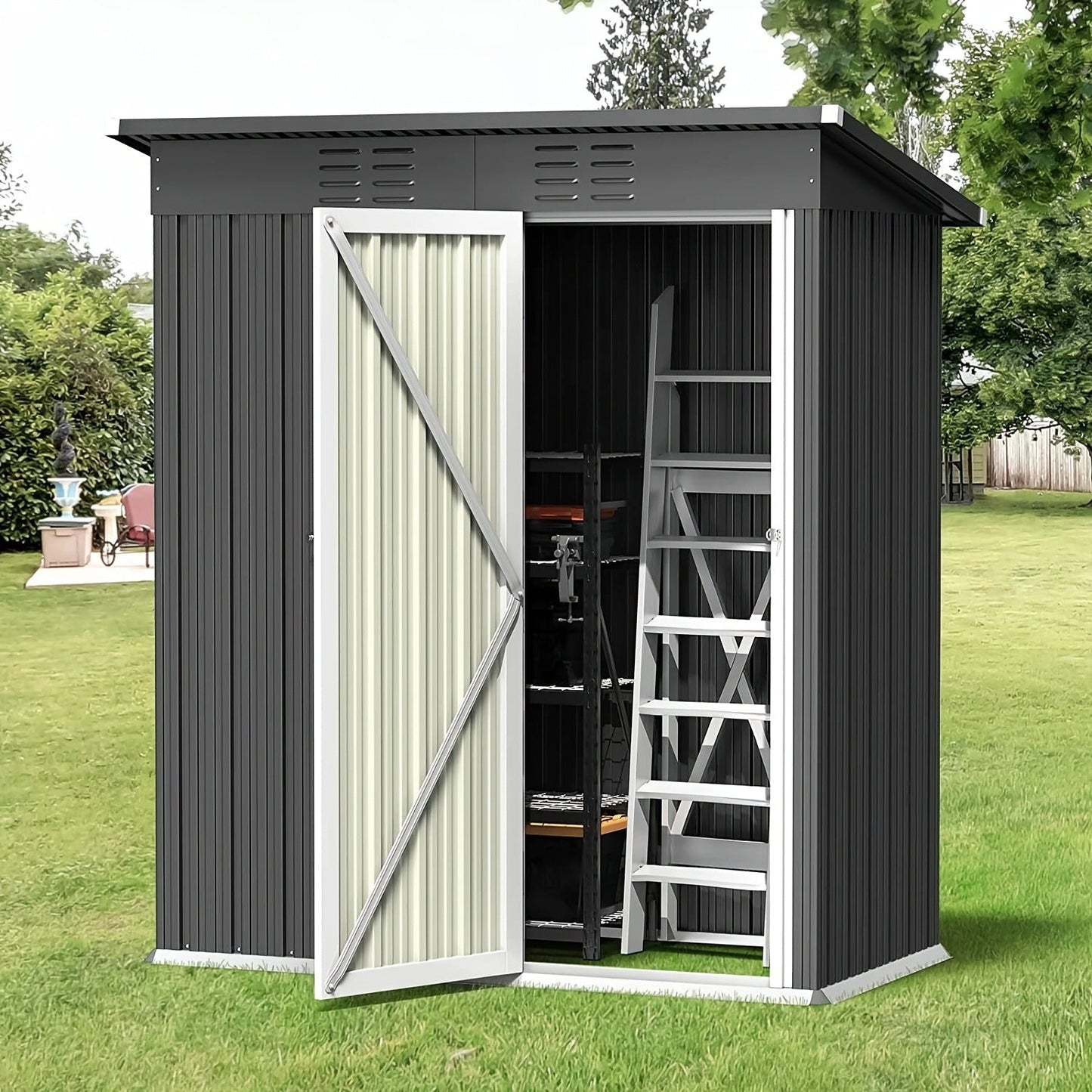 Metal Outdoor Storage Shed with Double or Single Doors in Grey, Green or Brown Checkout Models