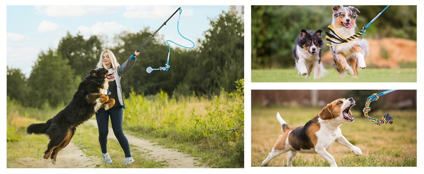 Dog Flirt Pole Telescopic – Extendable Flirt Stick with 3 Detachable Toys & Nylon Rope, Aluminum Alloy Dog Chase Toy
